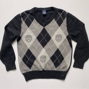 GAP Sweater Size 3T Skull Argyle V-neck Navy Blue Gray Pullover Cotton Boys EUC